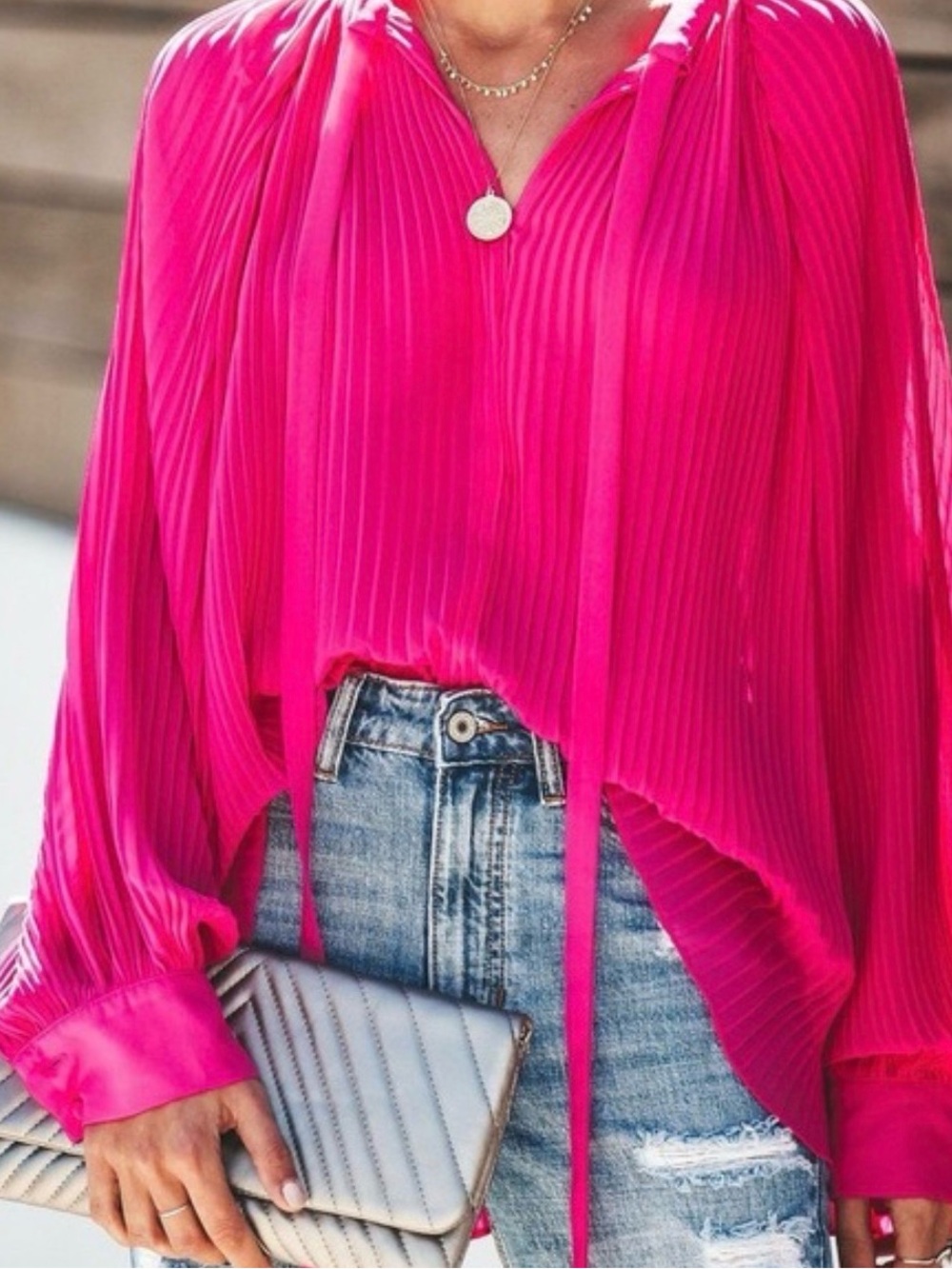 VICI Endless Rose Pleated V-Neck Tie-Front Women's Blouse - Hot Pink